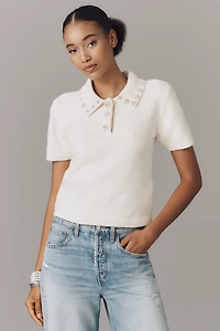 English Factory Short-Sleeve Embellished Polo Sweater