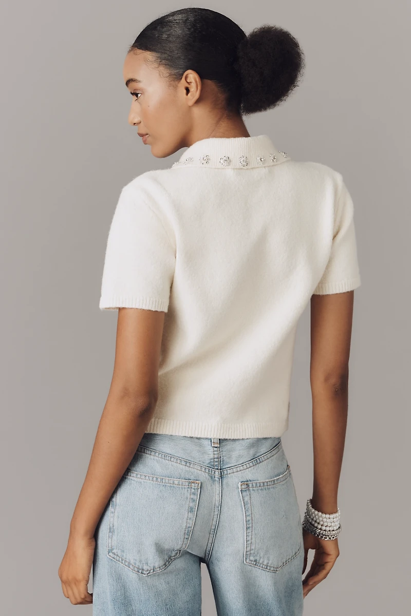 English Factory Short-Sleeve Embellished Polo Sweater
