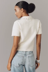 English Factory Short-Sleeve Embellished Polo Sweater