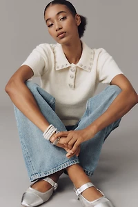 English Factory Short-Sleeve Embellished Polo Sweater