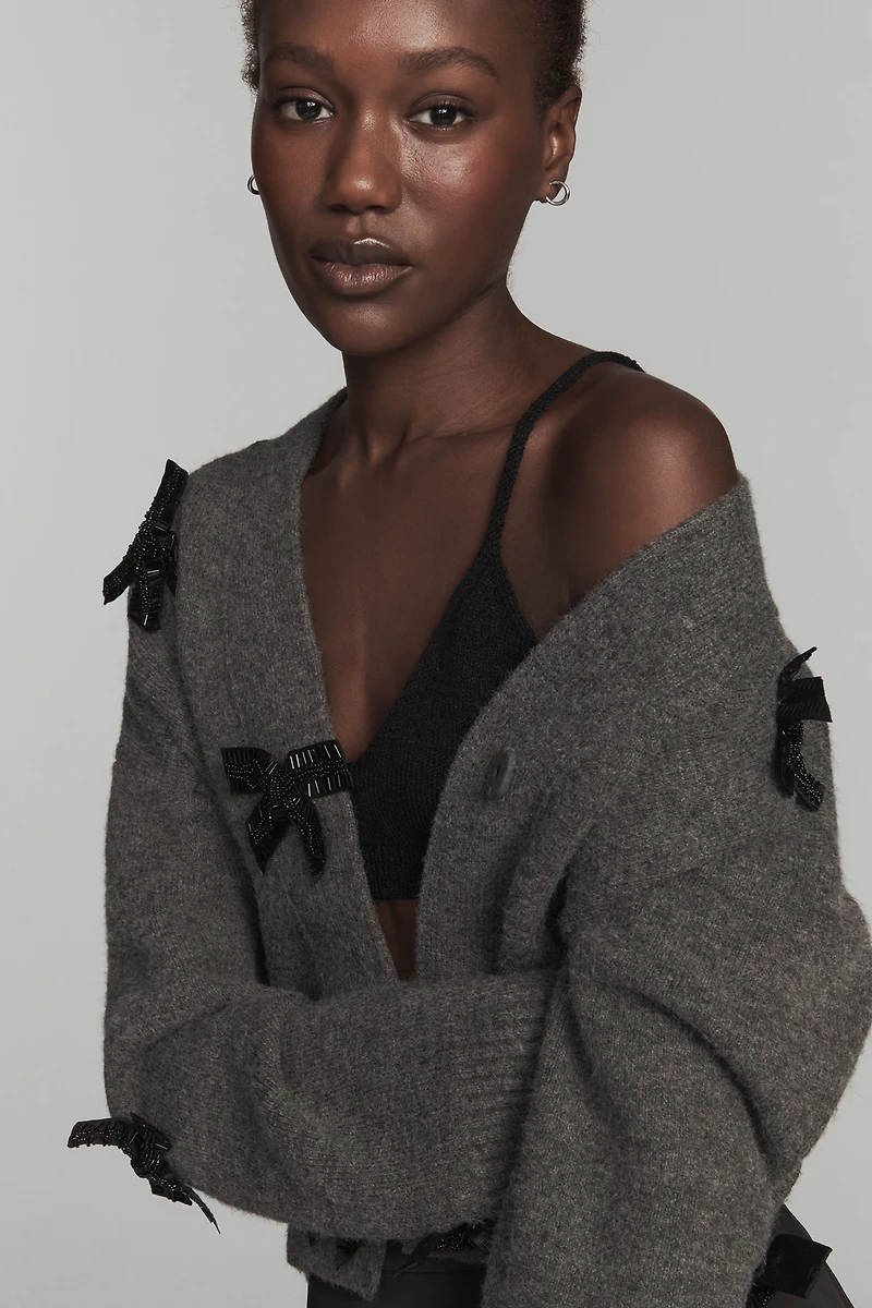English Factory Bow-Embellished Crop Cardigan Sweater