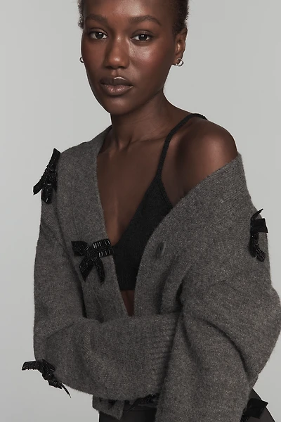 English Factory Bow-Embellished Crop Cardigan Sweater