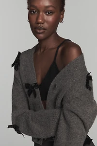 English Factory Bow-Embellished Crop Cardigan Sweater