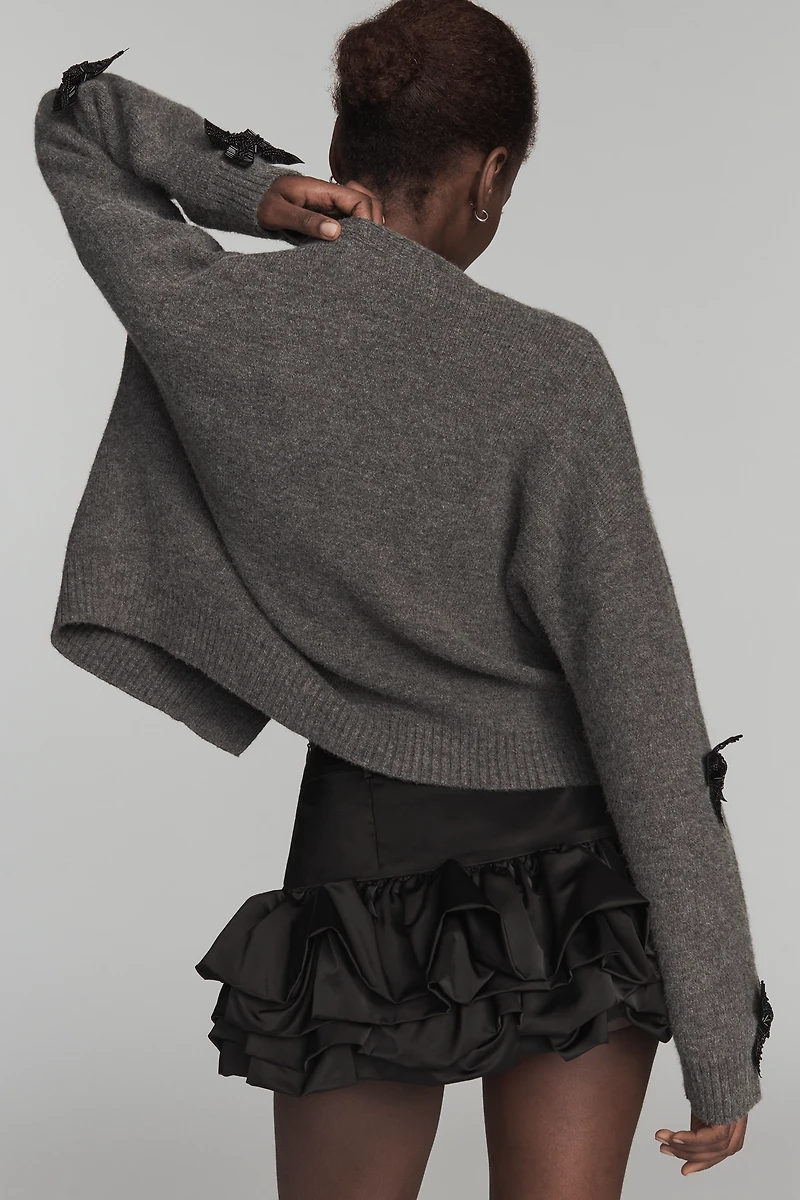 English Factory Bow-Embellished Crop Cardigan Sweater