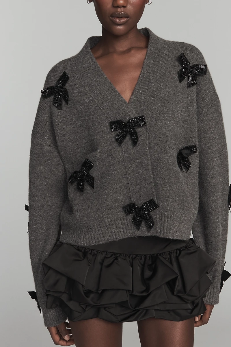English Factory Bow-Embellished Crop Cardigan Sweater