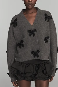 English Factory Bow-Embellished Crop Cardigan Sweater