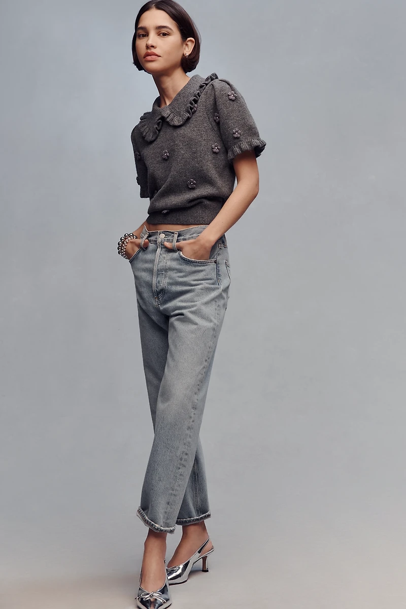 English Factory Pearl Short-Sleeve Collared Sweater