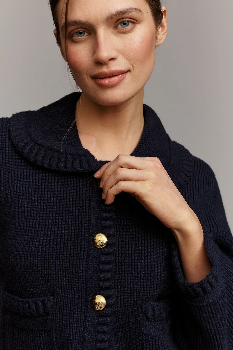 English Factory Three-Quarter Sleeve Collared Braided-Detail Cardigan Sweater