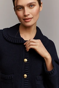 English Factory Three-Quarter Sleeve Collared Braided-Detail Cardigan Sweater