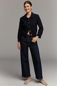 English Factory Three-Quarter Sleeve Collared Braided-Detail Cardigan Sweater