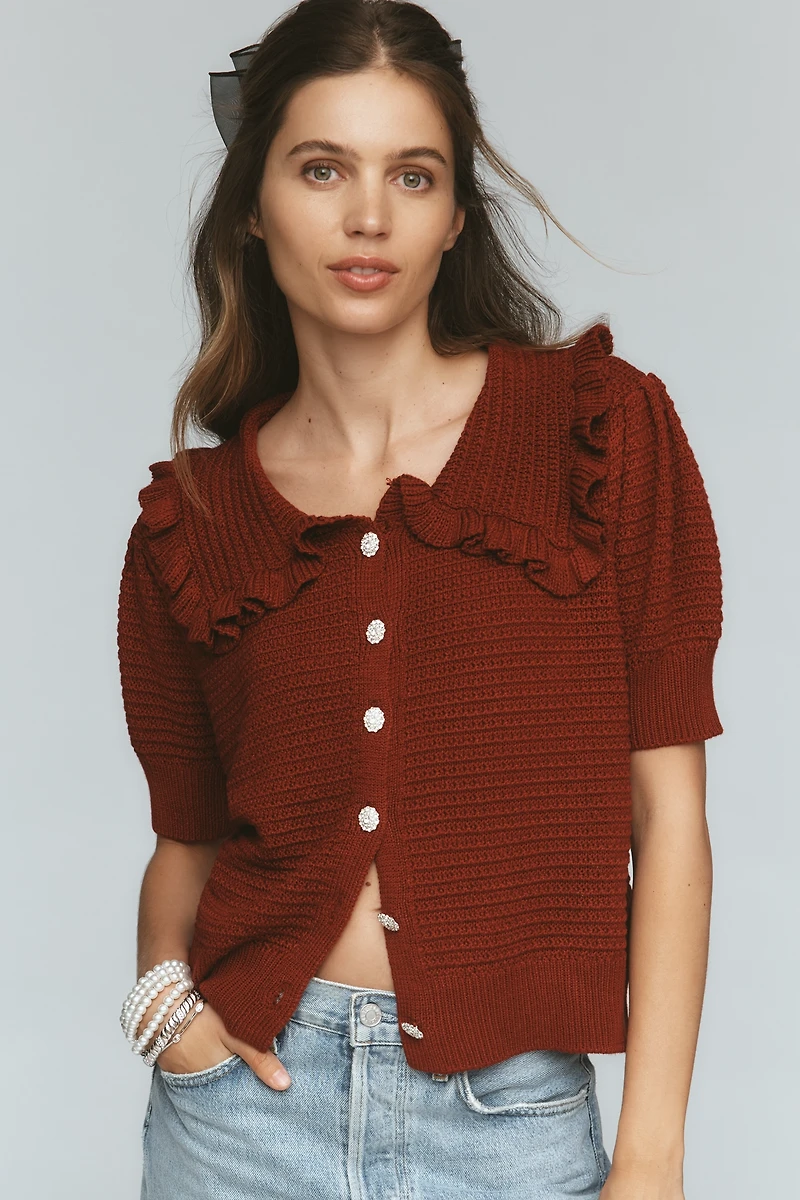 The Ainsley Ruffle-Collar Cardigan Sweater by Self Contrast: Short-Sleeve Edition