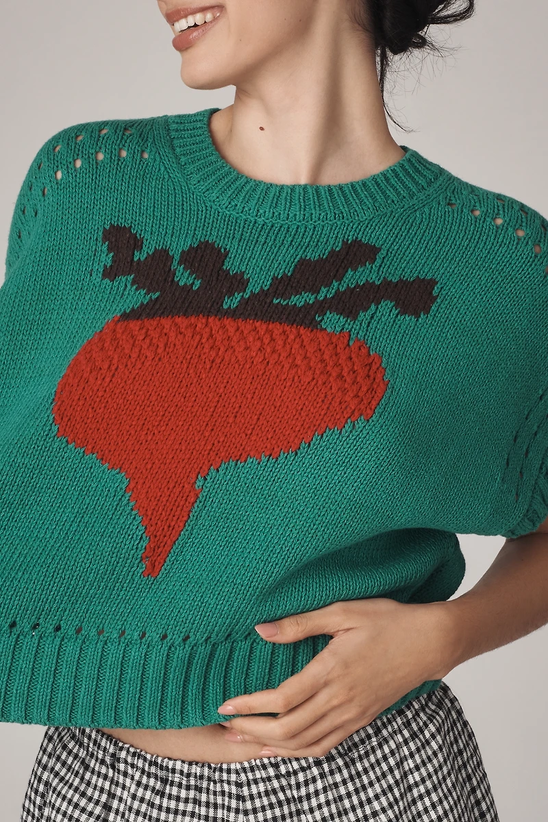 Maeve Short-Sleeve Crew-Neck Veggie Motif Graphic Sweater