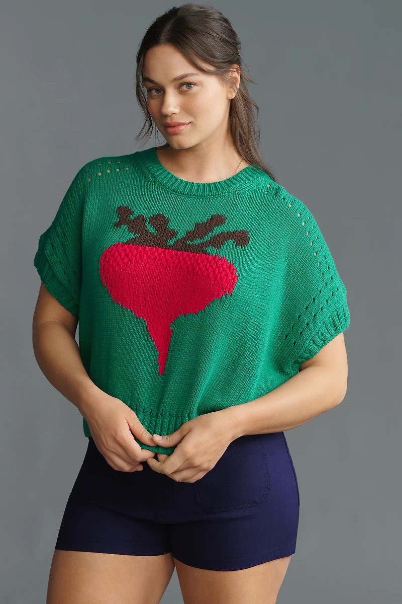 Maeve Short-Sleeve Crew-Neck Veggie Motif Graphic Sweater