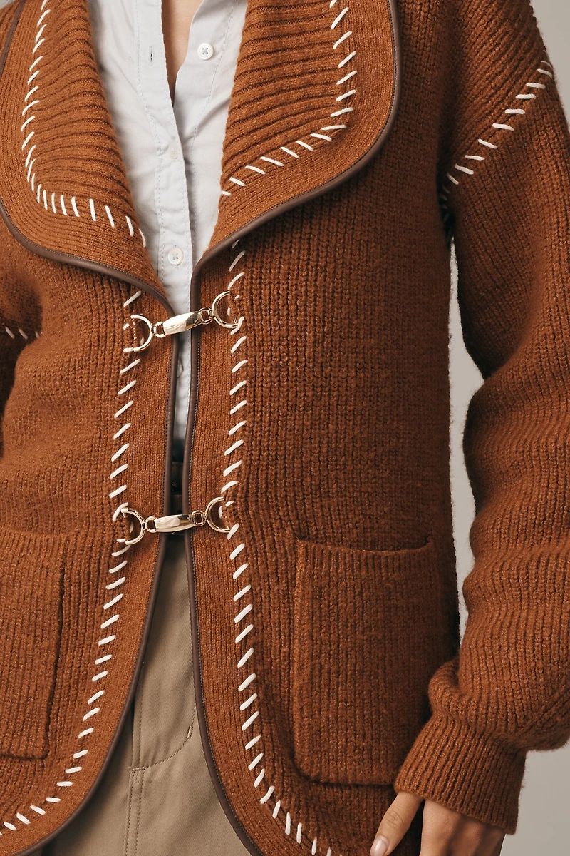 Maeve Faux-Leather Trim Whipstitch Cardigan Sweater