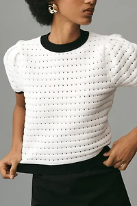 Endless Rose Puff-Sleeve Contrast Rib Crop Sweater Tee
