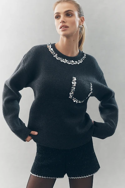 Endless Rose Crew-Neck Embellished Pocket Sweater