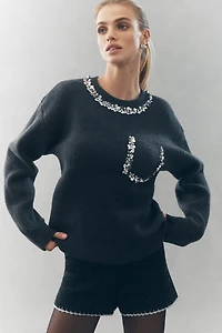 Endless Rose Crew-Neck Embellished Pocket Sweater