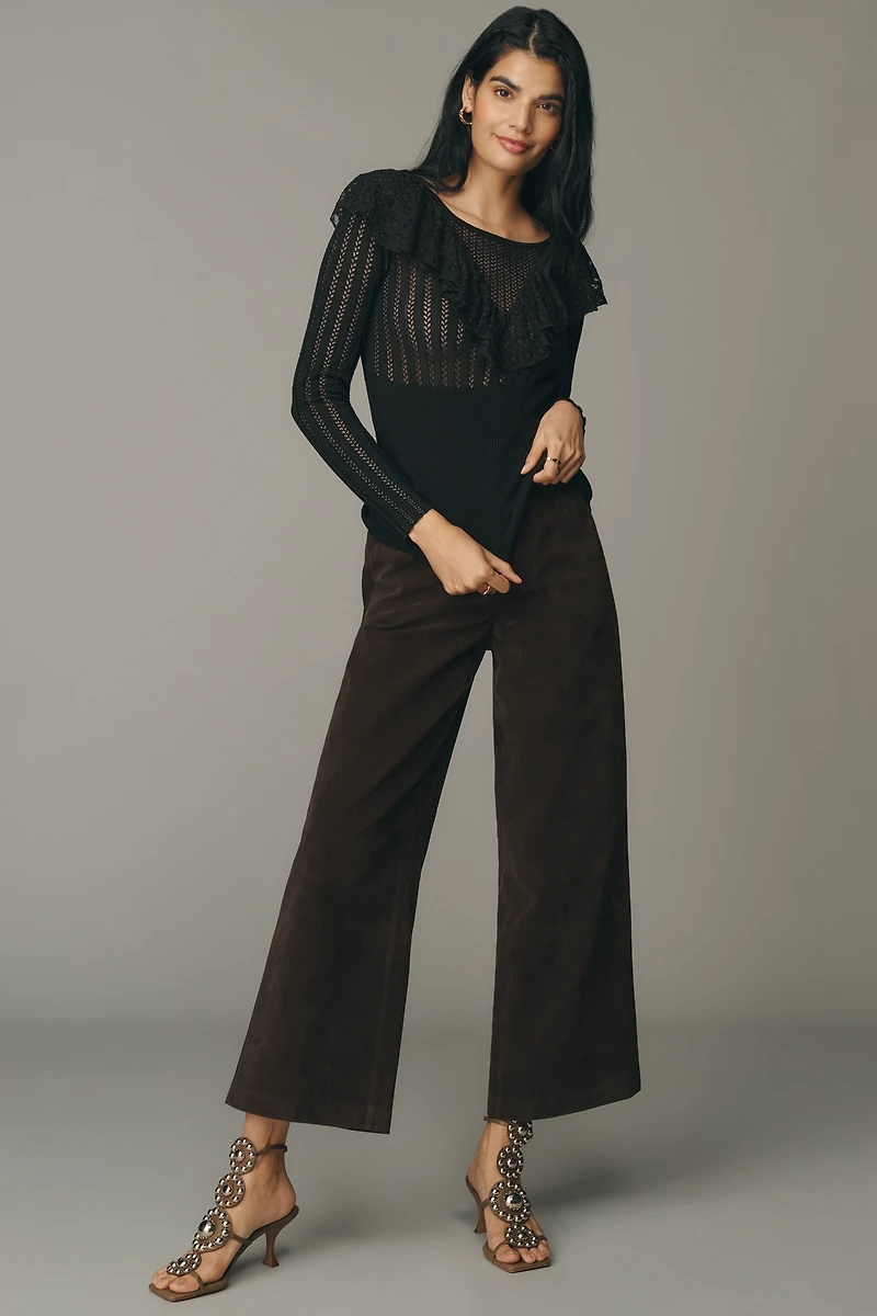Maeve Sheer Ruffled Fitted Crewneck Sweater