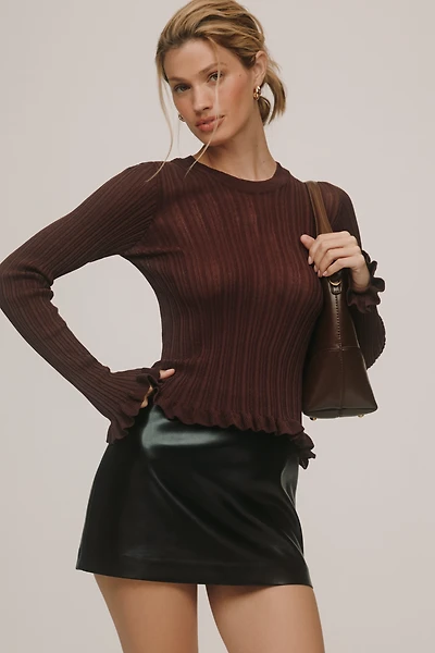 By Anthropologie Sheer Ruffle Hem Pullover Sweater