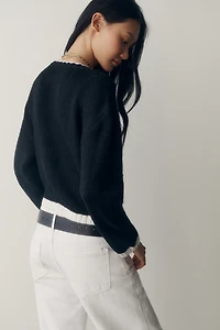 Maeve Tipped Crew-Neck Cardigan Sweater