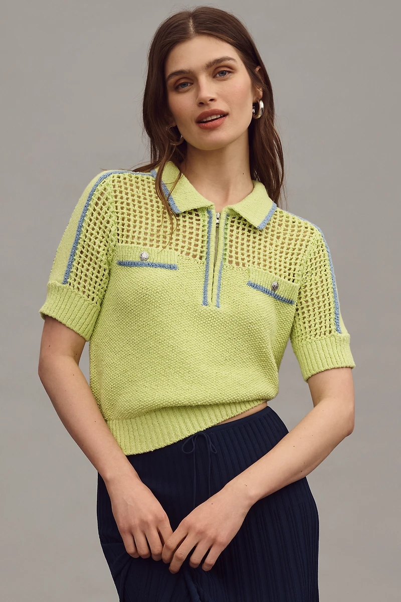 Central Park West Short-Sleeve Collared Open-Stitch Sweater