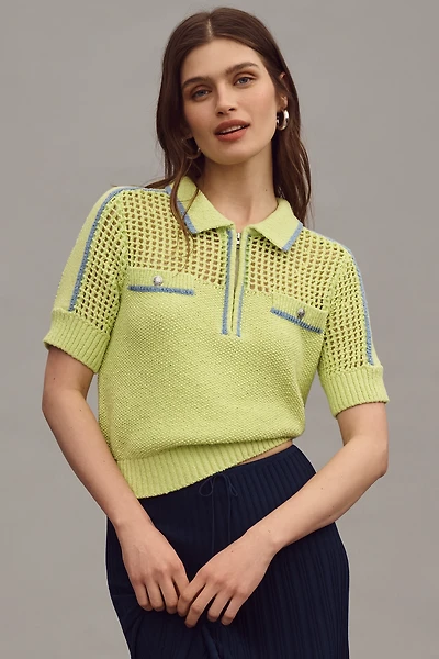 Central Park West Short-Sleeve Collared Open-Stitch Sweater