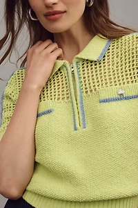 Central Park West Short-Sleeve Collared Open-Stitch Sweater