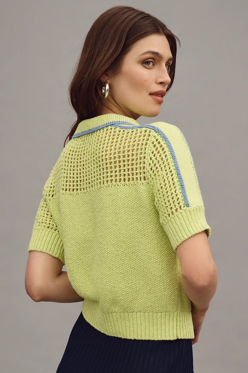 Central Park West Short-Sleeve Collared Open-Stitch Sweater