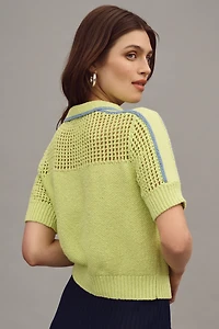 Central Park West Short-Sleeve Collared Open-Stitch Sweater