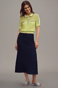 Central Park West Short-Sleeve Collared Open-Stitch Sweater