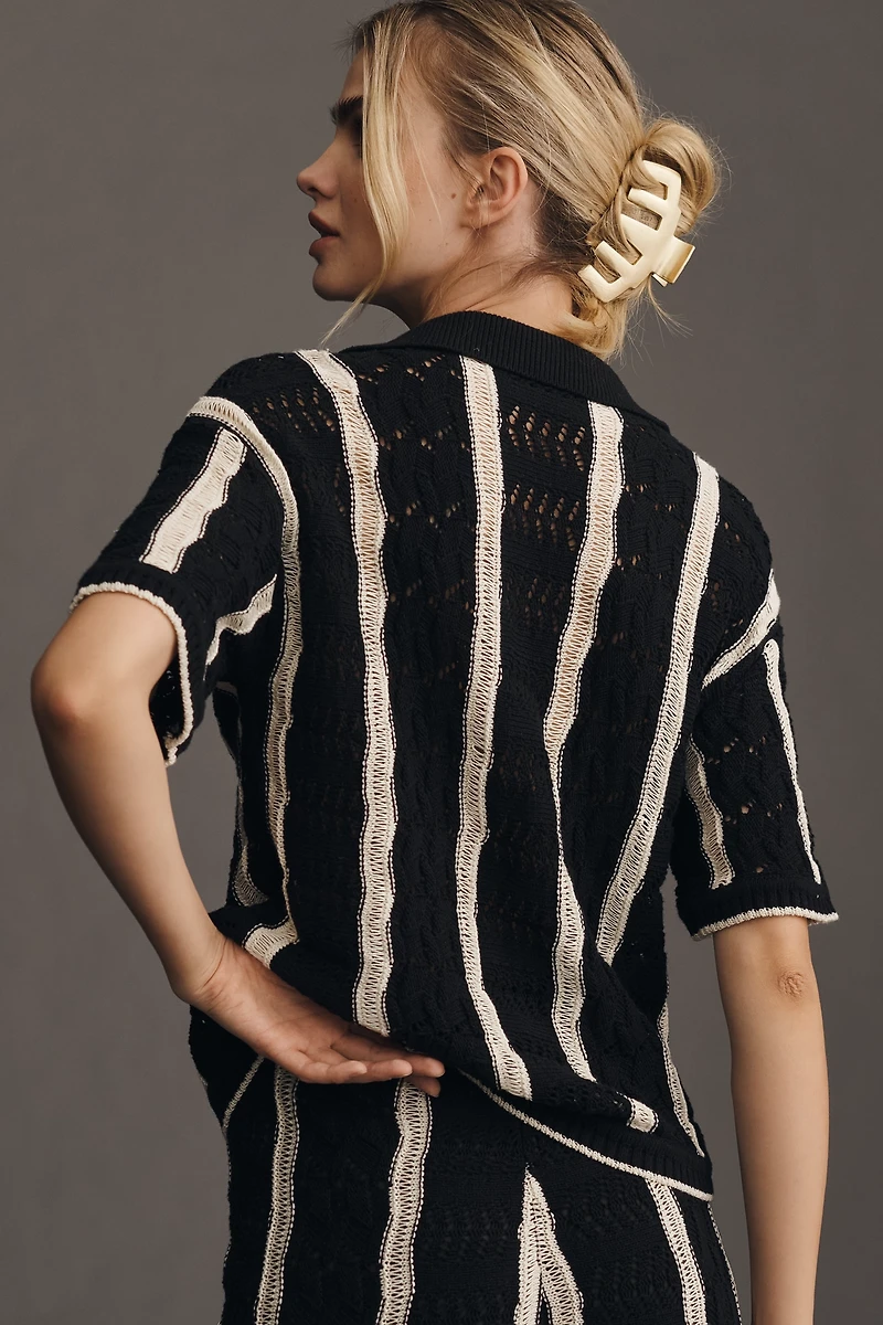Central Park West Short-Sleeve Collared Open-Stitch Striped Sweater