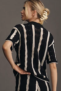 Central Park West Short-Sleeve Collared Open-Stitch Striped Sweater