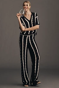 Central Park West Short-Sleeve Collared Open-Stitch Striped Sweater