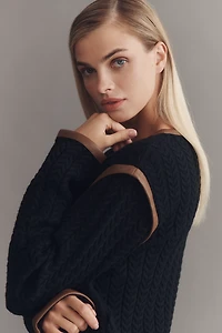Central Park West Faux-Leather Trim Cardigan Sweater