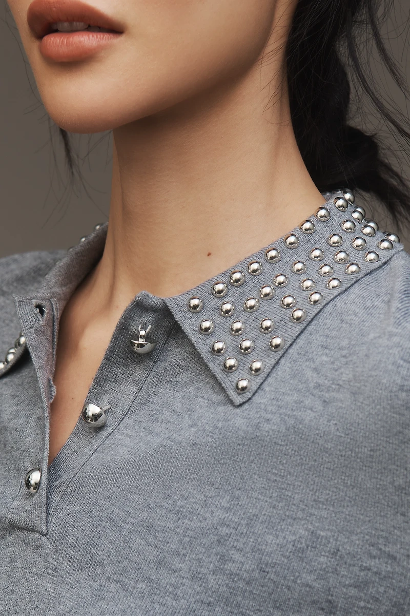 Central Park West x Anthropologie Studded-Collar Polo Sweater