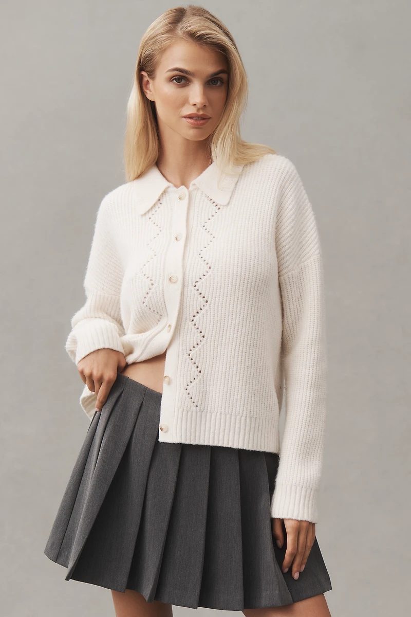 Central Park West Collared Pointelle Cardigan Sweater