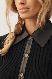 Central Park West Milan Faux-Leather Trim Cardigan Sweater