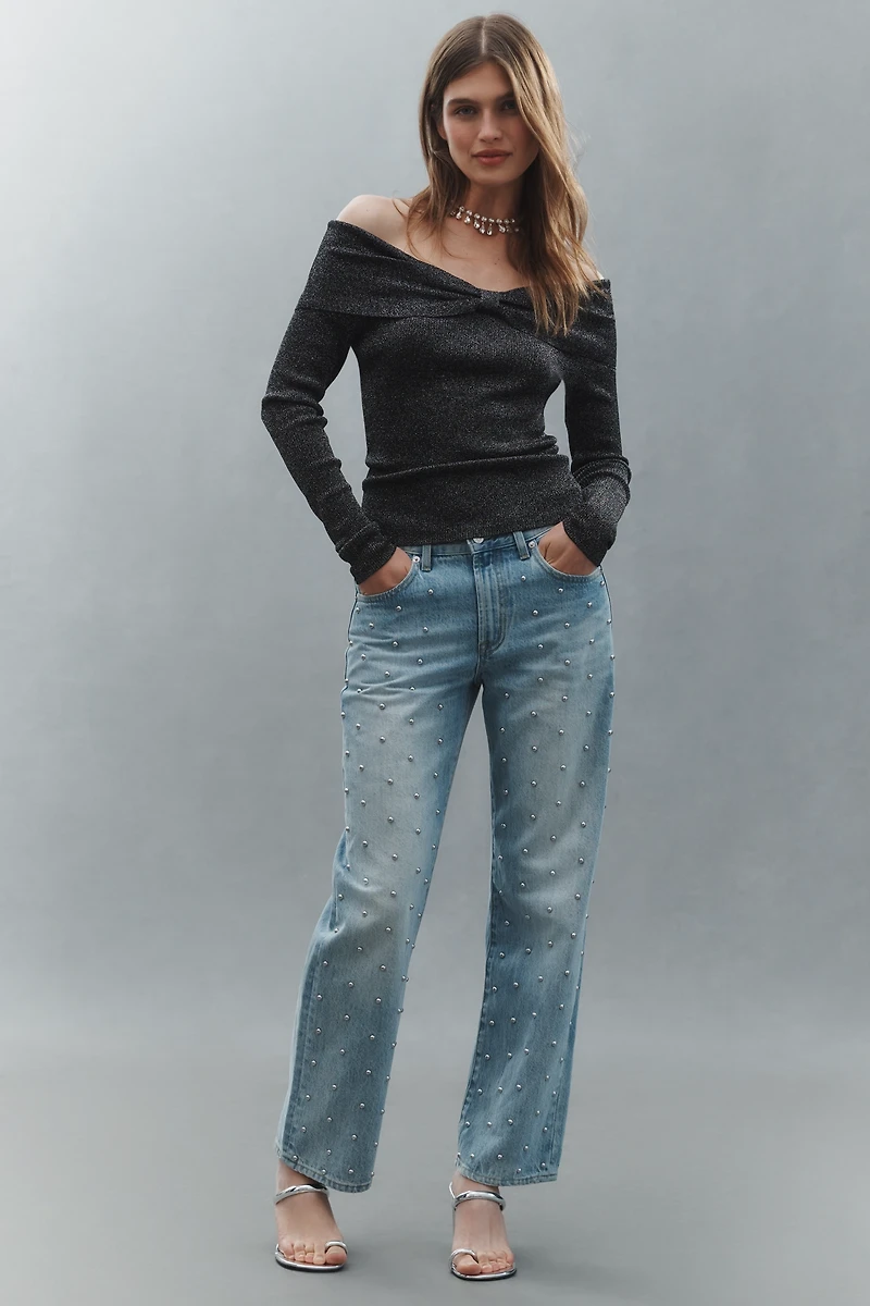 Central Park West Off-Shoulder Ribbed Lurex Sweater