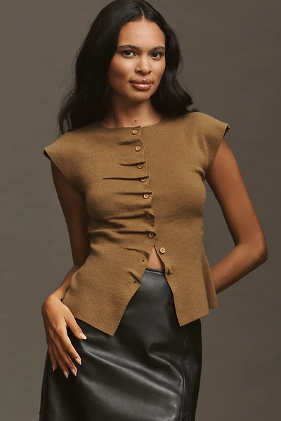 SUNCOO Pagni Ruched-Placket Cardigan Sweater Vest