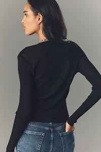 Sanctuary Ribbed Crew-Neck Cardigan Sweater