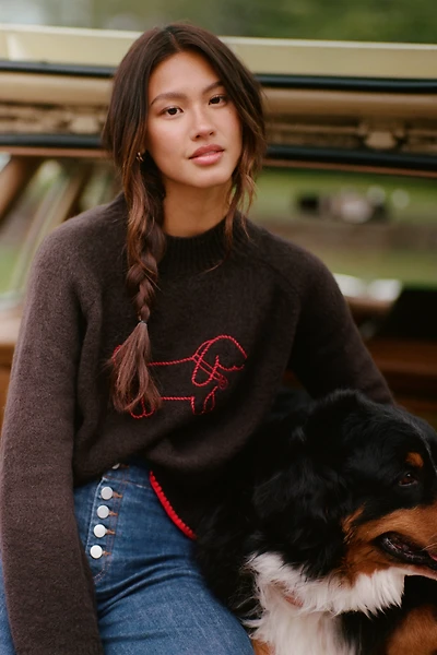 Flat White Mock-Neck Embroidered Dog Icon Sweater