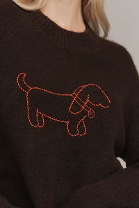 Flat White Mock-Neck Embroidered Dog Icon Sweater