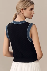 Laundry by Shelli Segal V-Neck Pointelle Denim-Trim Sweater Vest