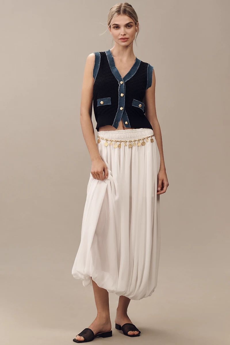 Laundry by Shelli Segal V-Neck Pointelle Denim-Trim Sweater Vest