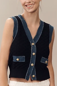 Laundry by Shelli Segal V-Neck Pointelle Denim-Trim Sweater Vest