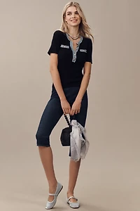 Ellen Tracy Short-Sleeve V-Neck Mixed Media Ribbed Sweater