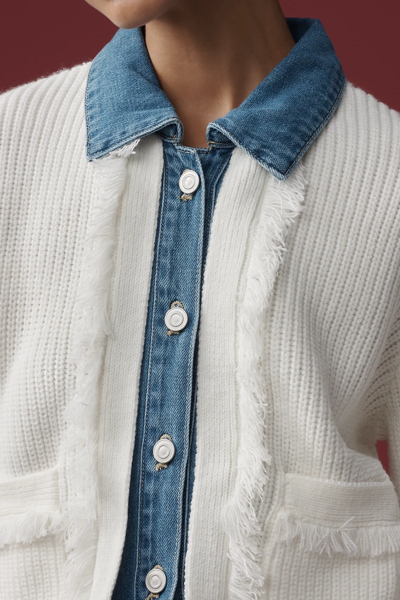 NVLT Denim-Collared Cardigan Sweater