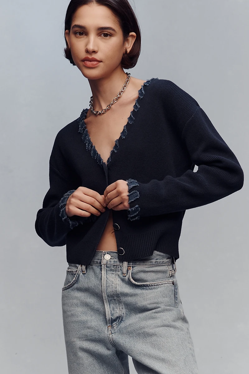 NVLT Denim-Trim V-Neck Cardigan Sweater