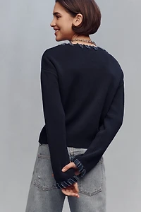 NVLT Denim-Trim V-Neck Cardigan Sweater