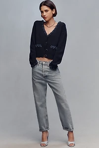 NVLT Denim-Trim V-Neck Cardigan Sweater